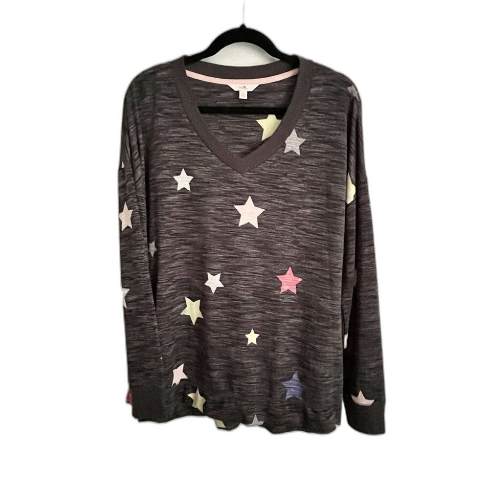 Secret Treasures L Soft Knit Top Gray Colorful Stars NWT